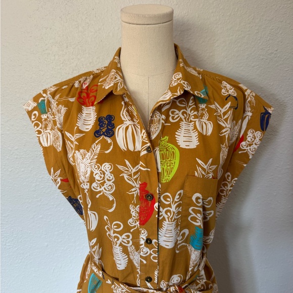 Anthropologie Maeve Toni Button Front Belted Tunic Dress Gold size Small - Picture 5 of 16